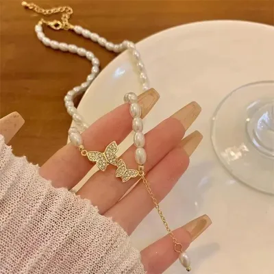 Pearl & Butterfly Design Vintage Style Necklace